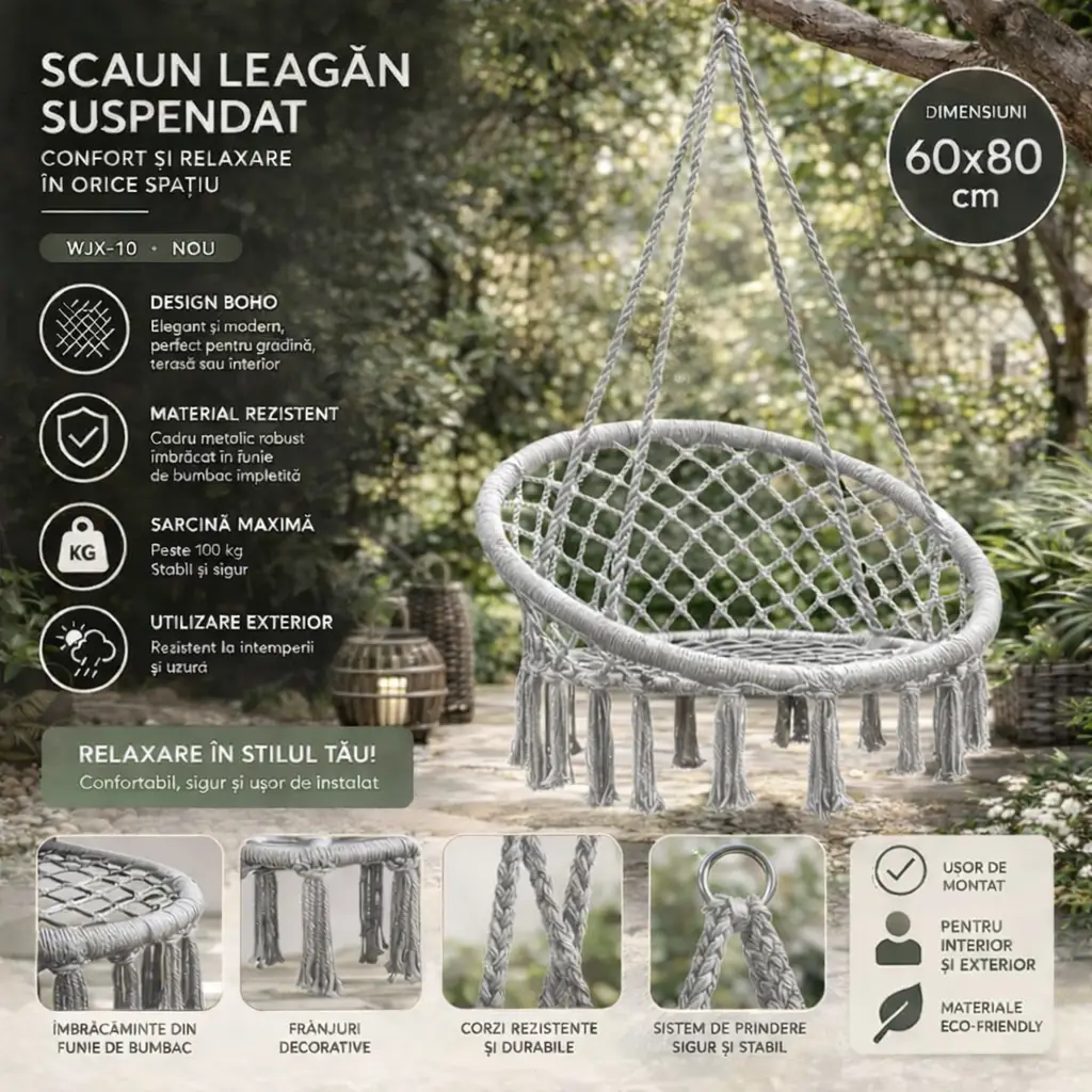 Scaun leagan suspendat 60x80cm gri, (wjx-10) 2