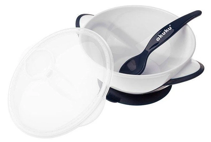 Набор мисочка с ложкой и крышкой akuku a0503 white/blue 3