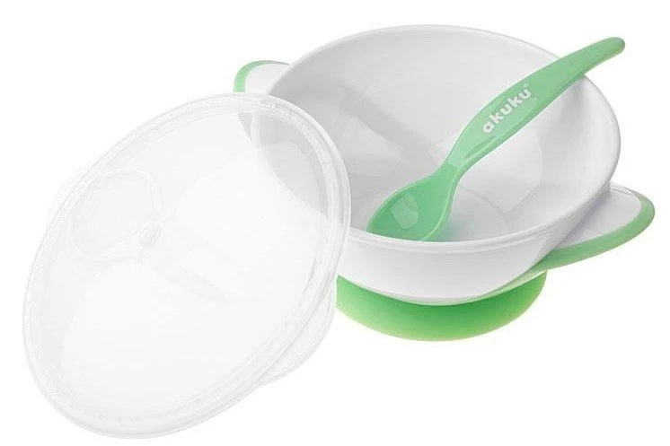 Набор мисочка с ложкой и крышкой akuku a0504 white/green 3