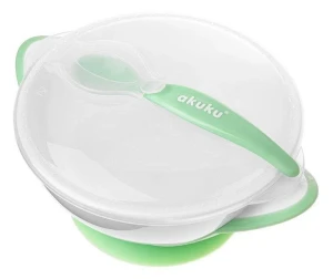 Набор мисочка с ложкой и крышкой akuku a0504 white/green