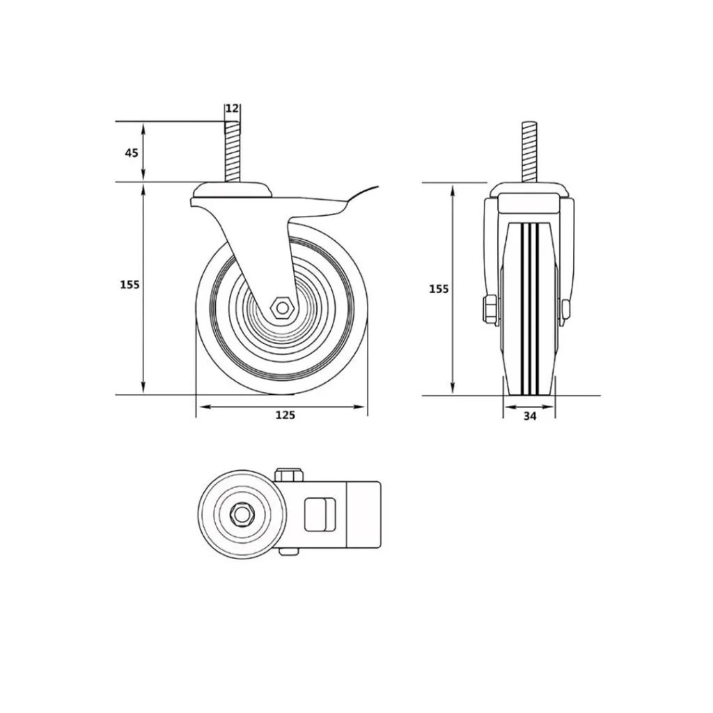 Roată mobilă cu frână, pentru cărucior 125 mm vorel 2