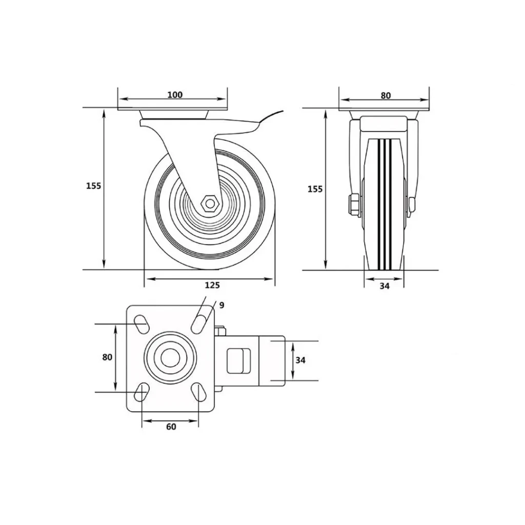 Roată mobilă cu frână, pentru cărucior 125 mm vorel 2