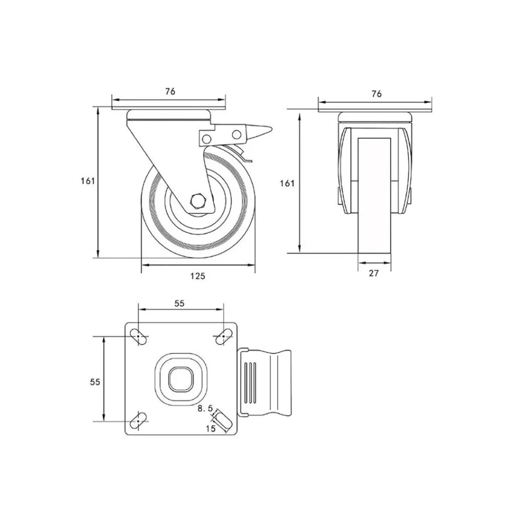 Roată mobilă cu frână, pentru cărucior 125 mm vorel 2