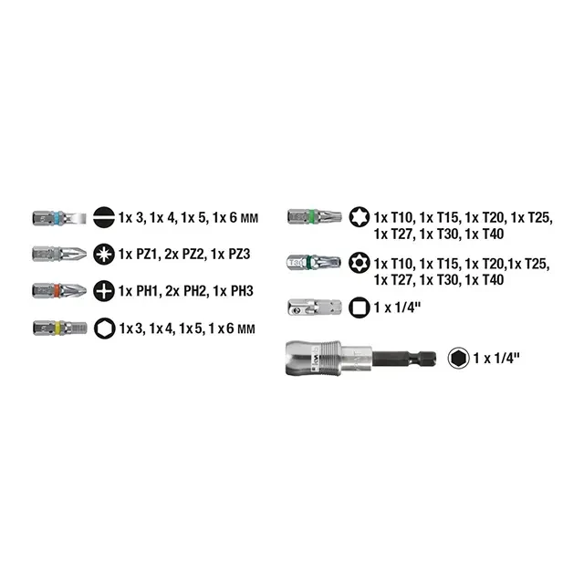 Набор бит с адаптером 32 шт. sl, ph, pz, hex, sq, tx 1/4" 25 мм kwb 2