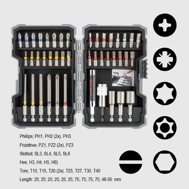 Набор бит 43 шт. ph, pz, sl, tx, tt, hex 1/4" 25 - 50 мм bosch 2