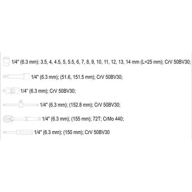 Set de chei tubulare cu clichet 1/4" as-drive 20 buc. yato 2