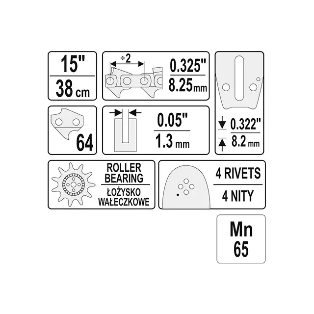 Направляющая шина 380 мм 0.325" (8.25 мм) 1.3 мм yato 2