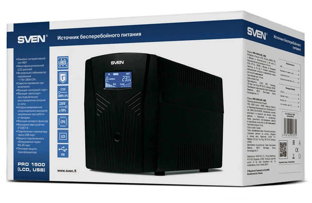 Источник бесперебойного питания sven pro 1500 lcd, линейно-интерактивный, 1500va, башня 6