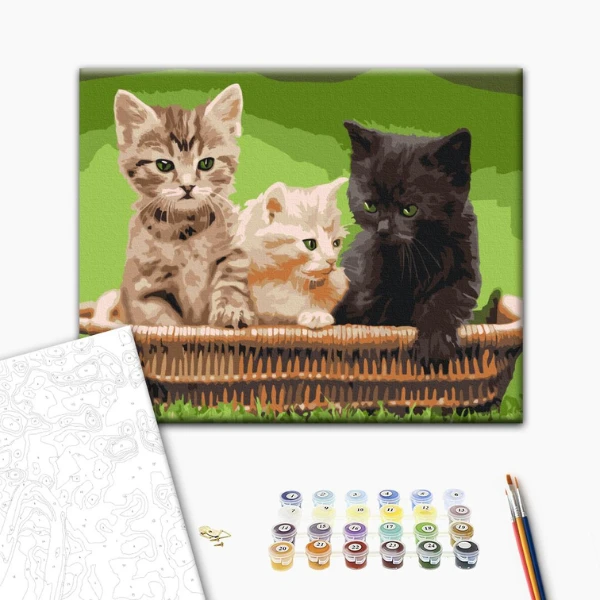 Картина по номерам 30*40 см (без упаковки) -  котята в корзине 2