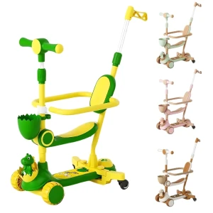 Trotinetă pentru copii cu trei roți, lumini led, jucărie detașabilă și coșuleț, 4 culori
