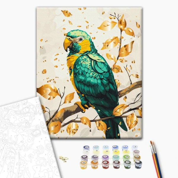 Pictură pe numere 40*50 cm (în cutie) – papagal smarald cu vopsele metalice 2