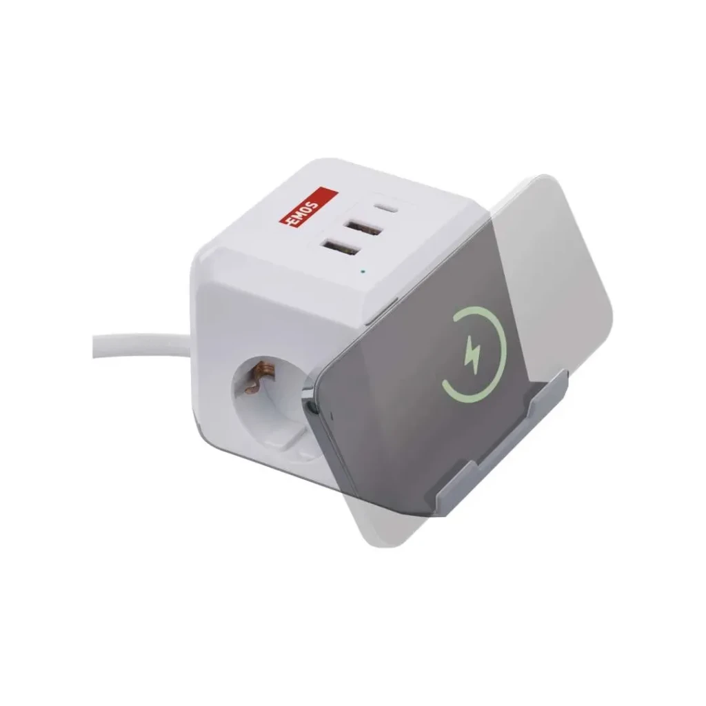 Prelungitor cu împământare 2 prize + 2 usb a + 1 usb c + qi cub 2 m 16 a emos 2