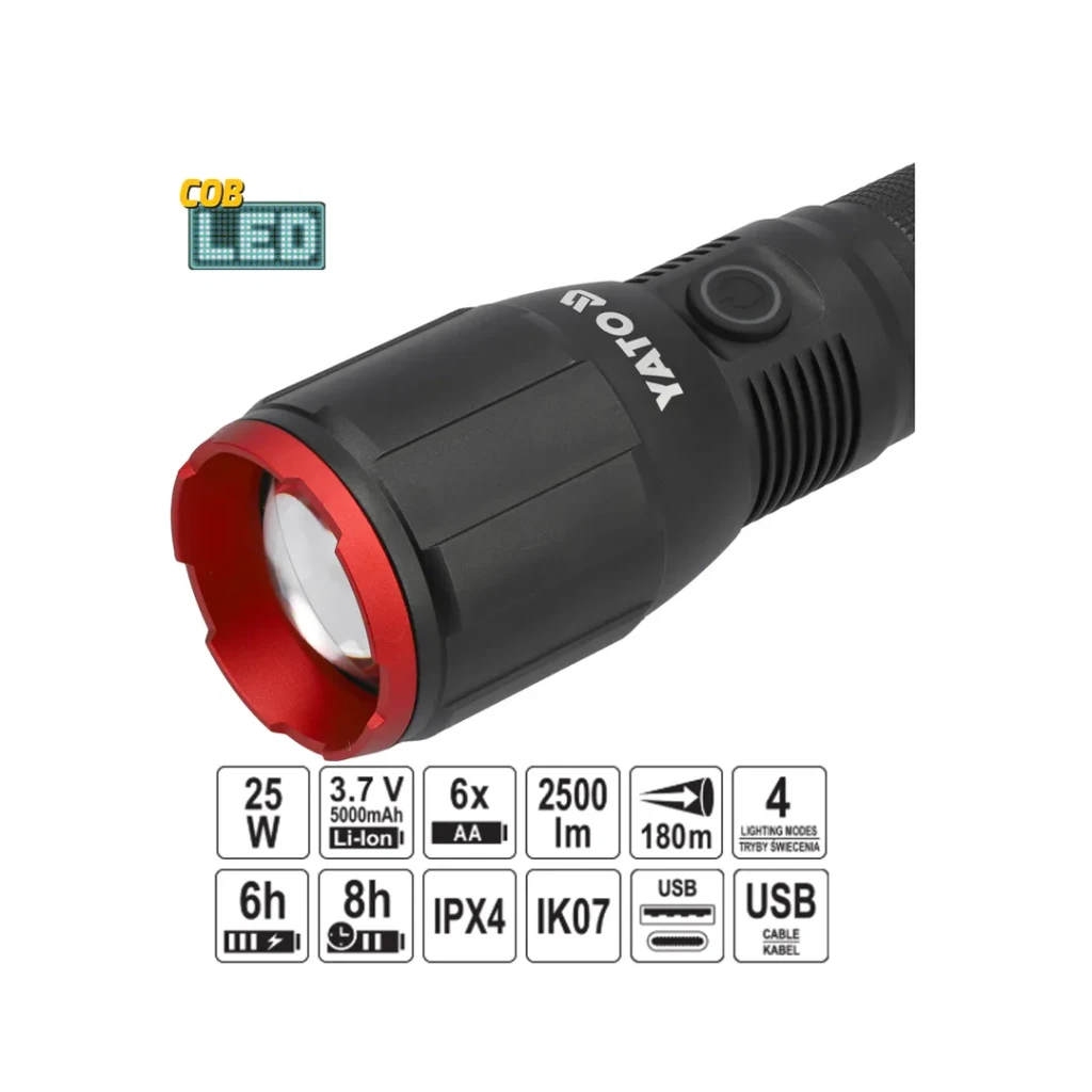 Lanternă 25 w 4500 k 3.7 v 5000 mah (li-ion)/1.5 v x 6 (aa) yato 3
