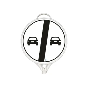 Indicator rutier rotund "sfârșitul zonei de interzicere a depășirii" 390 x 280 mm alb mfk