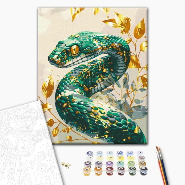 Картина по номерам 40×50 см (в упаковке) - смарагдовая змея с металлизированными цветами 3