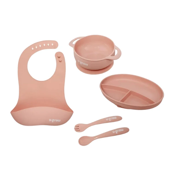 Set diversificare 5 piese din silicon: bavetă, bol, farfurie, linguriță și furculiță, roz 2