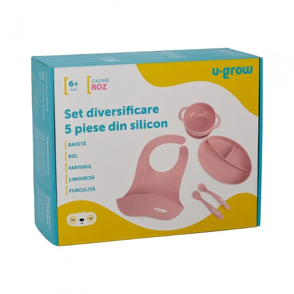 Set diversificare 5 piese din silicon: bavetă, bol, farfurie, linguriță și furculiță, roz 3