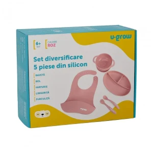 Set diversificare 5 piese din silicon: bavetă, bol, farfurie, linguriță și furculiță, roz Thumbnail 3