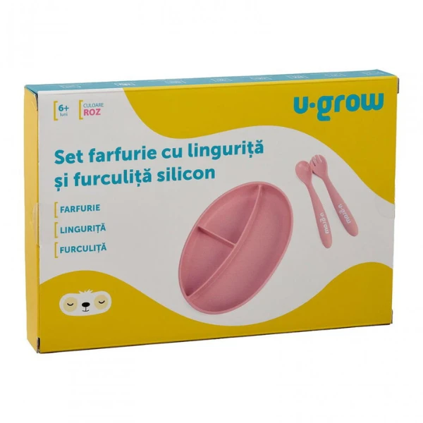 Set farfurie cu linguriță și furculiță din silicon, roz 3