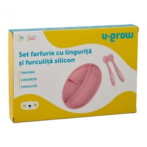Set farfurie cu linguriță și furculiță din silicon, roz Thumbnail 3