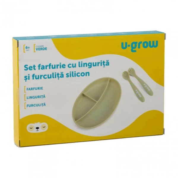 Set farfurie cu linguriță și furculiță din silicon, olive 3