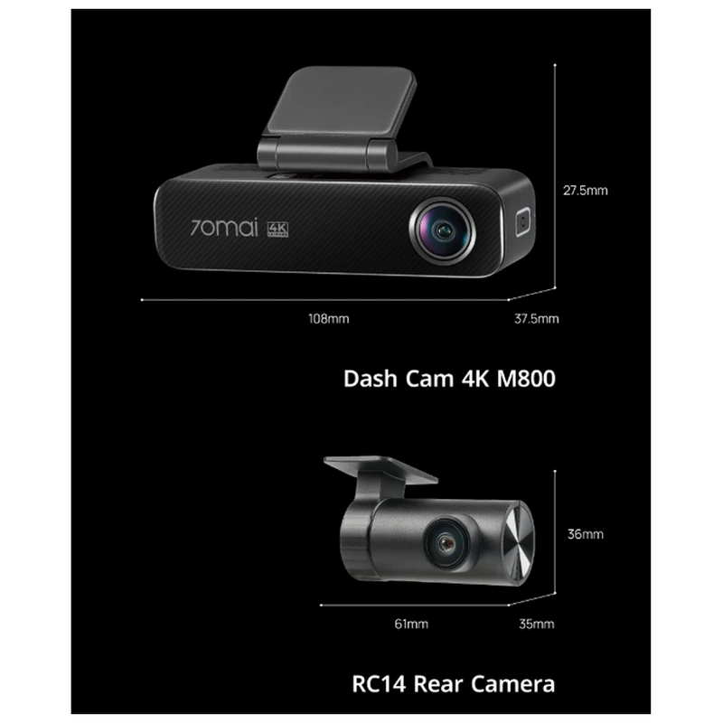 Комплект видеорегистраторов передней и задней панели автомобиля 70mai 4k m800-2 + rear cam rc14, черный 6