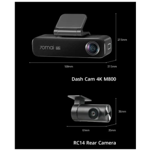 Комплект видеорегистраторов передней и задней панели автомобиля 70mai 4k m800-2 + rear cam rc14, черный Thumbnail 6