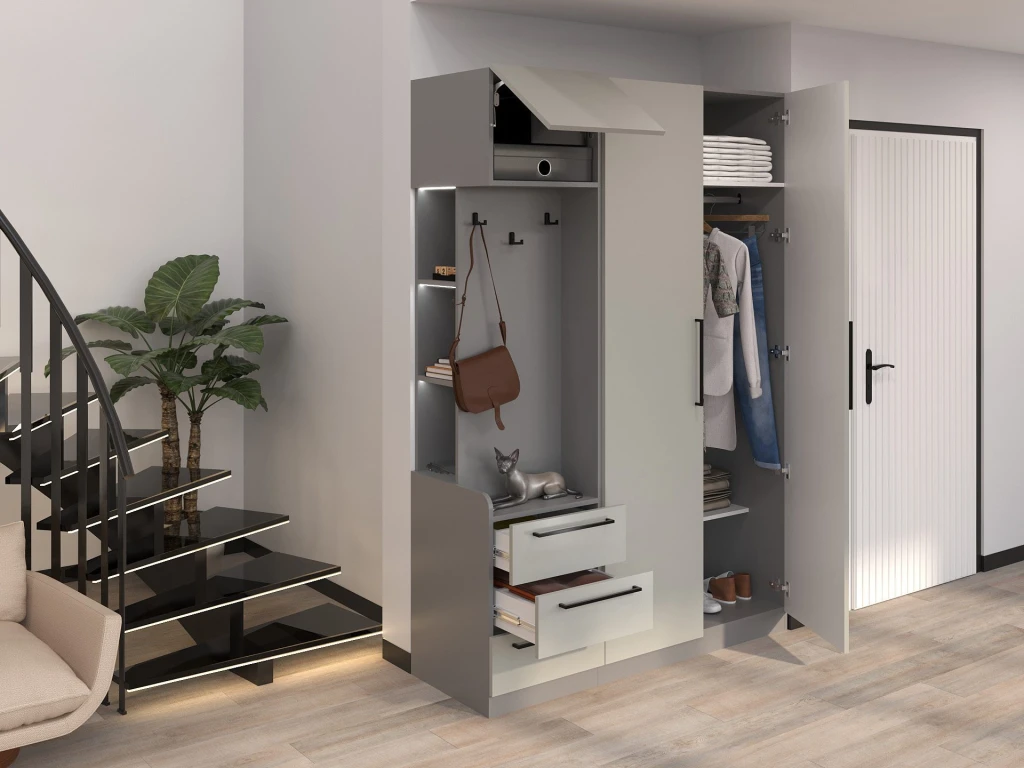 Dulap bayro serenity 1500x2200x518 de colț stâng gri asfalt / trend grey cu 3 sertare 2