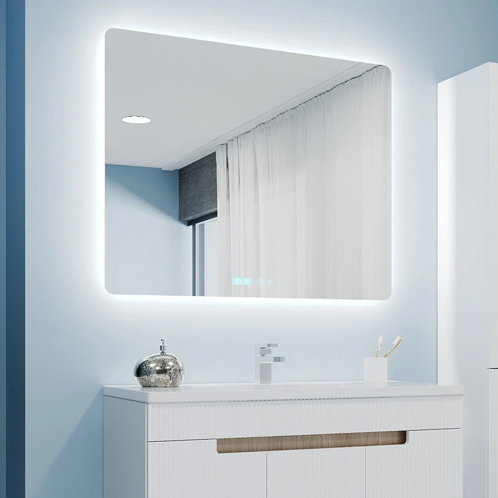 Oglindă pentru baie bayro moon ortogonală 1000x800 led touch neutru cu dezaburire, ceas și termometru 3