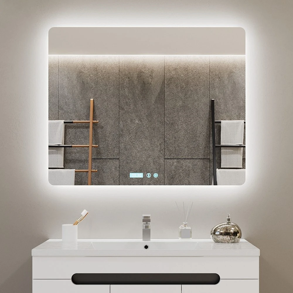 Oglindă pentru baie bayro moon ortogonală 1000x800 led touch neutru cu dezaburire, ceas și termometru 4