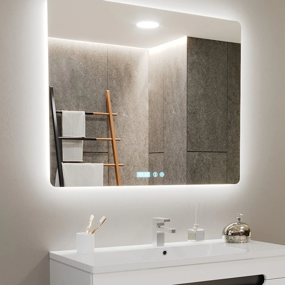 Oglindă pentru baie bayro moon ortogonală 1000x800 led touch neutru cu dezaburire, ceas și termometru 5
