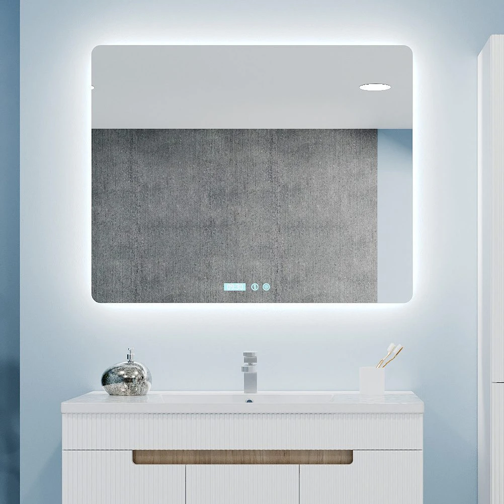 Oglindă pentru baie bayro moon ortogonală 1000x800 led touch neutru cu dezaburire, ceas și termometru 2
