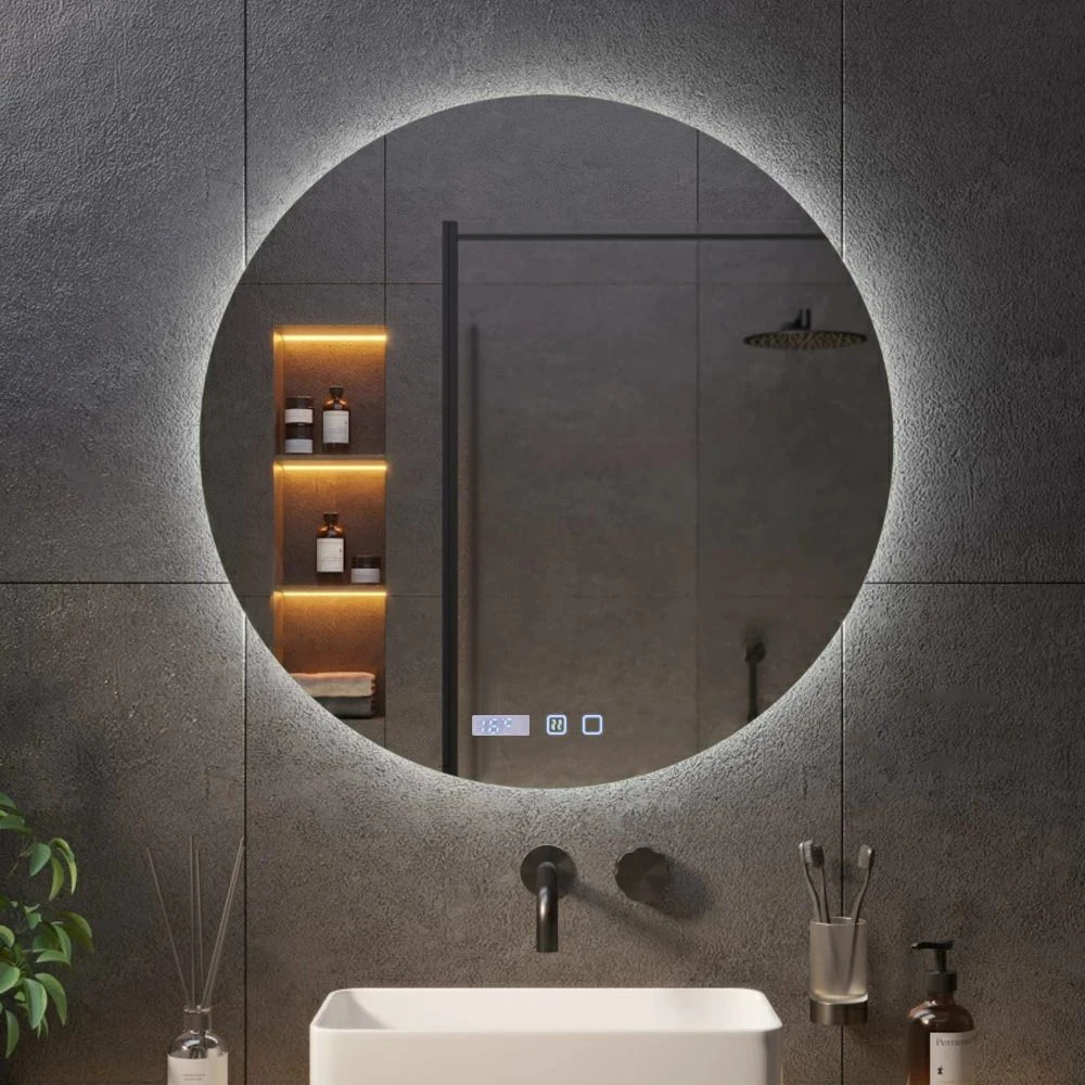 Зеркало для ванной bayro moon круглое 900x900 led touch нейтральный c подогревом, часами и термометром 2