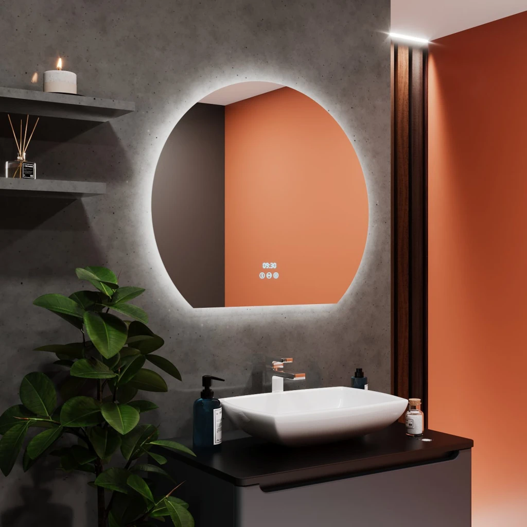 Oglindă pentru baie bayro aura semicirculară 800x700 led 3c touch cu dezaburire, ceas și termometru 2