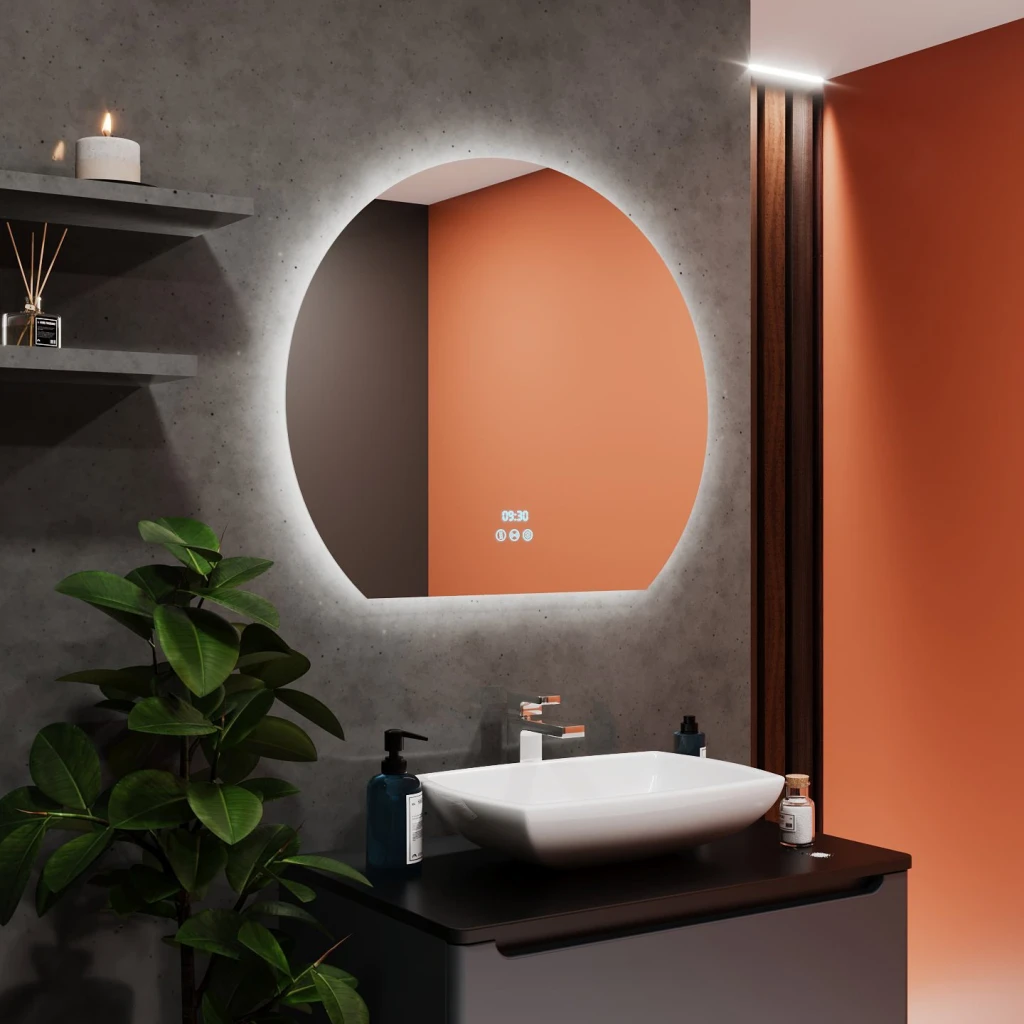 Oglindă pentru baie bayro aura semicirculară 1000x875 led 3c touch cu dezaburire, ceas și termometru 2