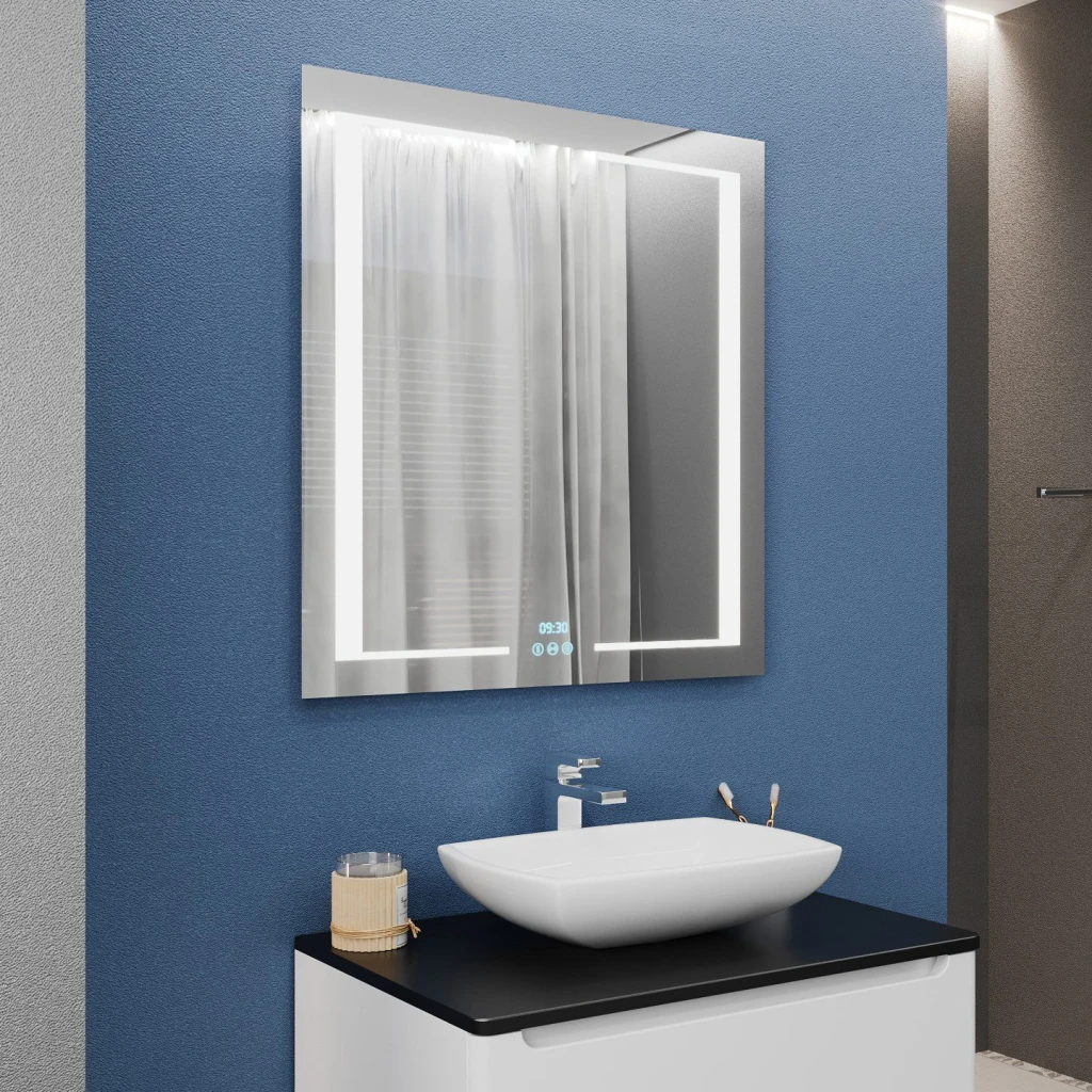 Зеркало для ванной bayro sirius 700x800 led 3c touch c подогревом, часами и термометром 2