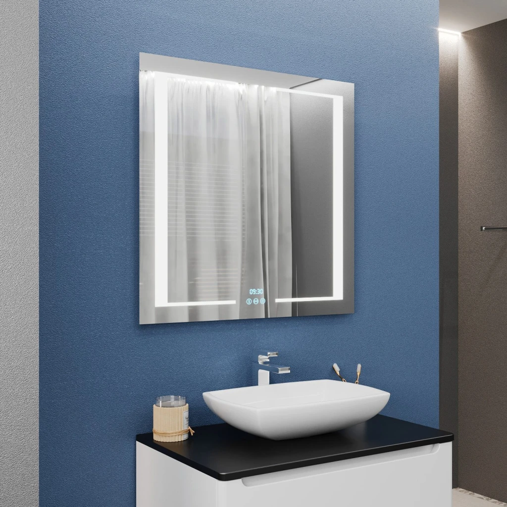 Oglindă pentru baie bayro sirius ortogonală 800x800 led 3c touch cu dezaburire, ceas și termometru 2