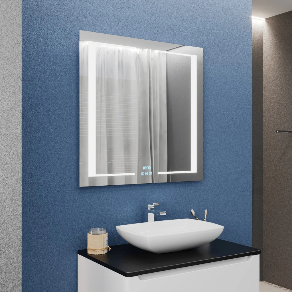 Зеркало для ванной bayro sirius 900x800 led 3c touch c подогревом, часами и термометром 2