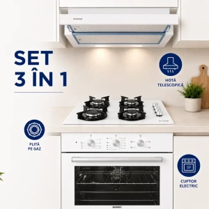 Set 3 buc kumtel white s,  hota telescopică + plită pe gaz + cuptor electric