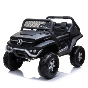 Mașinuță mercedes-benz unimog, baterie 12v14ah, 4 motoare de 60w, roti eva, scaune din piele