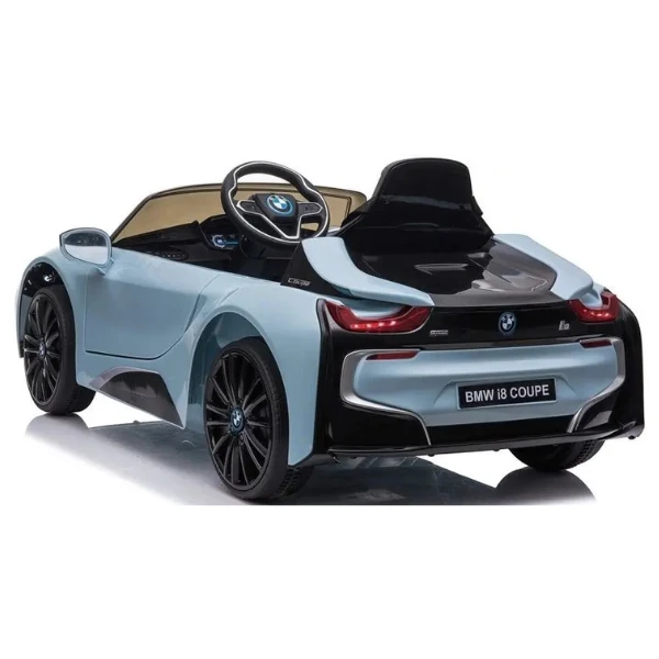 Mașinuță bmw i8, baterie 12v7ah, 2 motoare de 35w, roti eva, scaune din piele 5