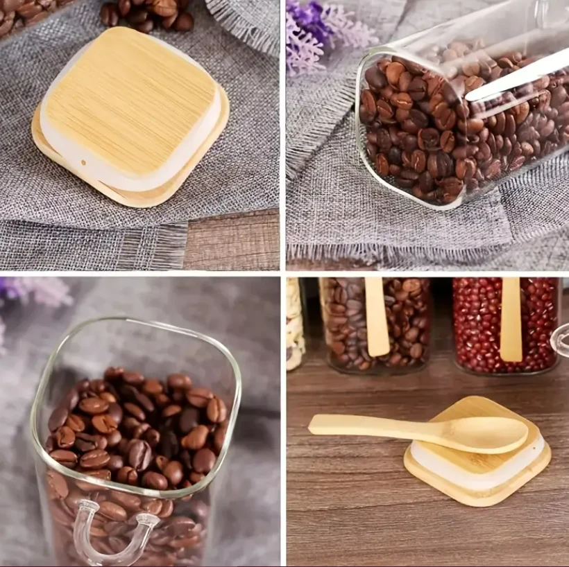 Borcan din sticla, patrat, cu capac si lingura, 800 ml, 10x10 cm 2