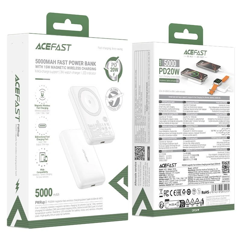 Acefast m25 pd20w магнитный портативный зарядный модуль с быстрой беспроводной зарядкой, 5000 мач, белый 3