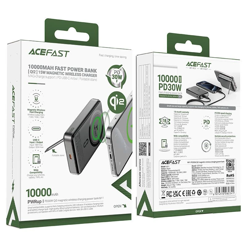 Беспроводной портативный зарядный модуль acefast m11 pd30w qi2 с магнитной зарядкой, черный. 3