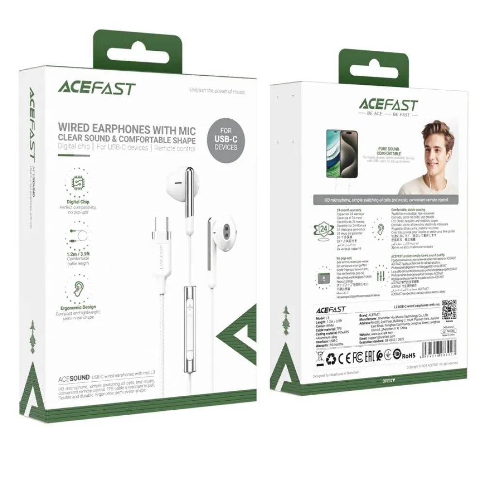 Проводные полувставные наушники acefast l13 usb-c с микрофоном, белые. 3