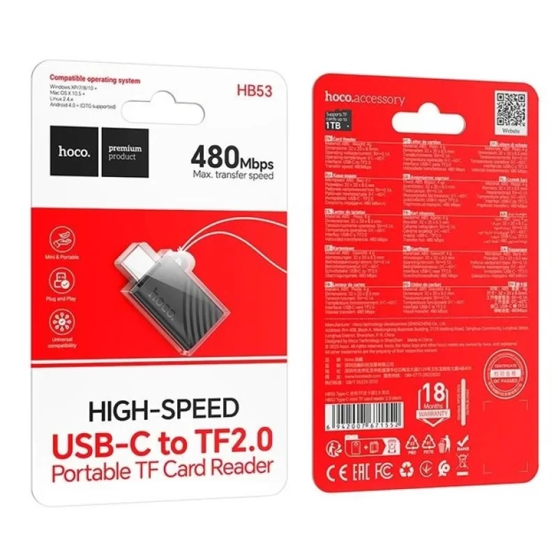 Cititor de carduri mini tf hoco hb53 type-c 2.0 negru 3