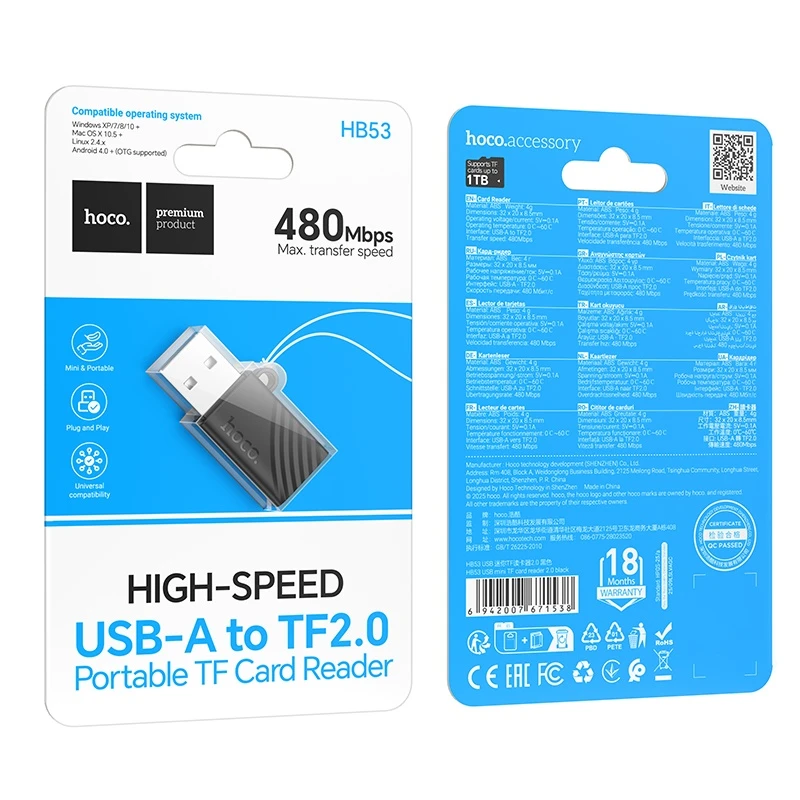 Cititor de carduri mini usb tf hoco hb53 2.0 negru 2
