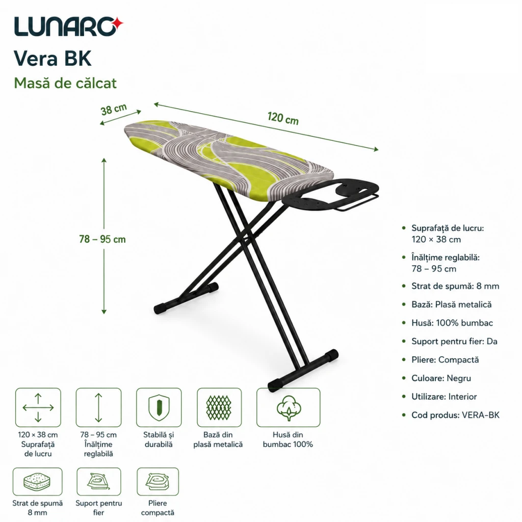 Masa de calcat lunaro vera-bk, plasa metalica, 120 x 38 cm, negru 20