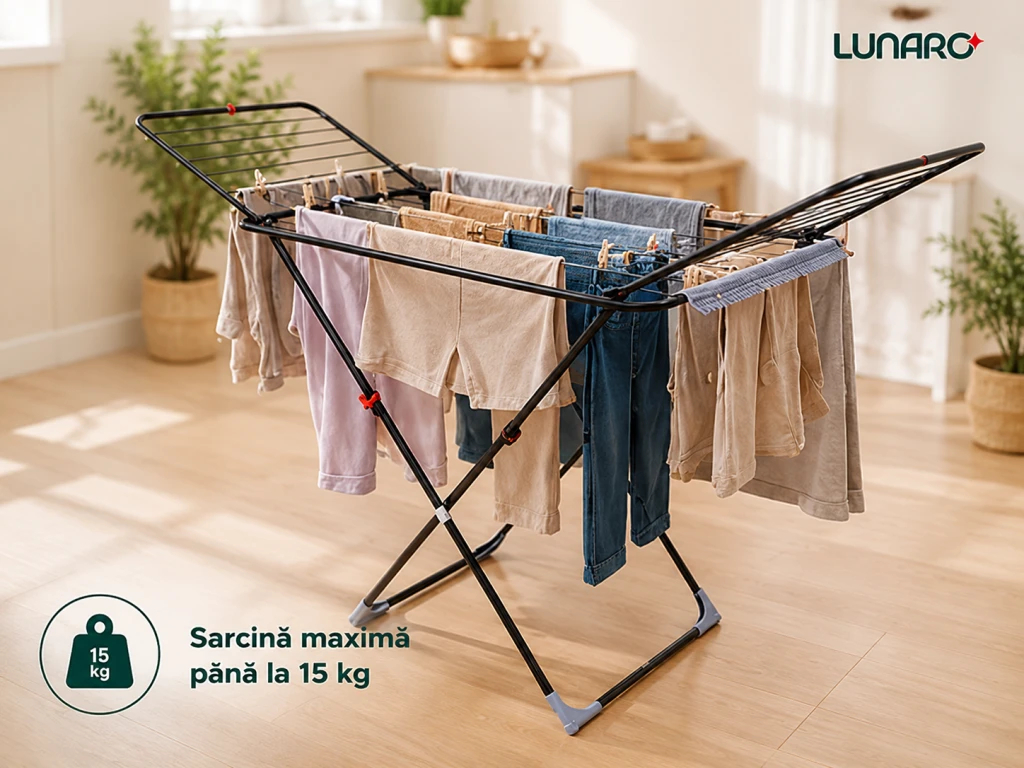Uscator de rufe lunaro wing plus-bk , 128 х 54,5 х 5сm, 18 m, max. 15kg, suport special pentru sosete, negru 18