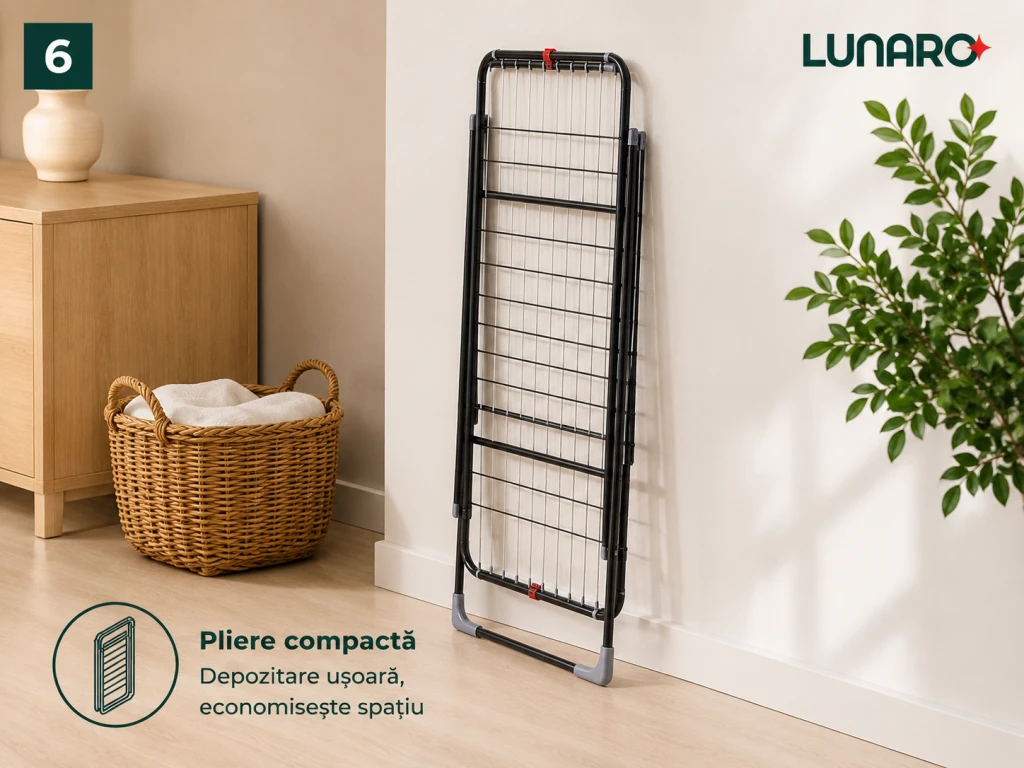Uscator de rufe lunaro wing plus-bk , 128 х 54,5 х 5сm, 18 m, max. 15kg, suport special pentru sosete, negru 14